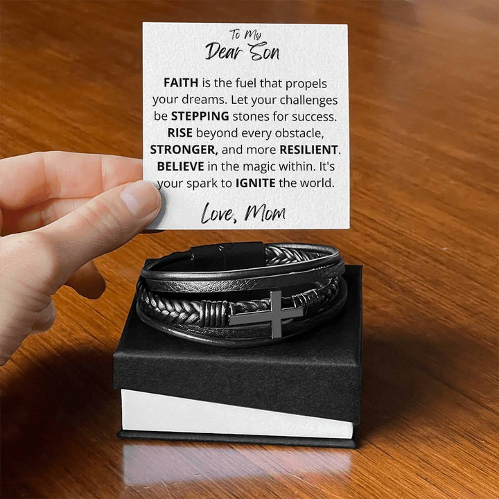 Black Cross Leather Bracelet for Son - Rise