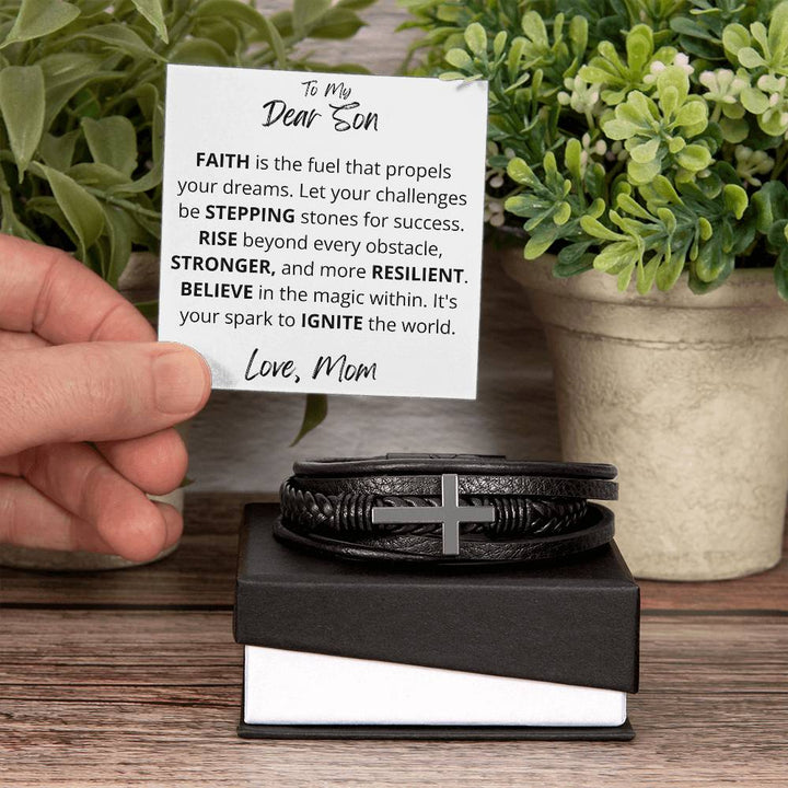 Black Cross Leather Bracelet for Son - Rise