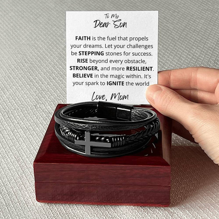 Black Cross Leather Bracelet for Son - Rise