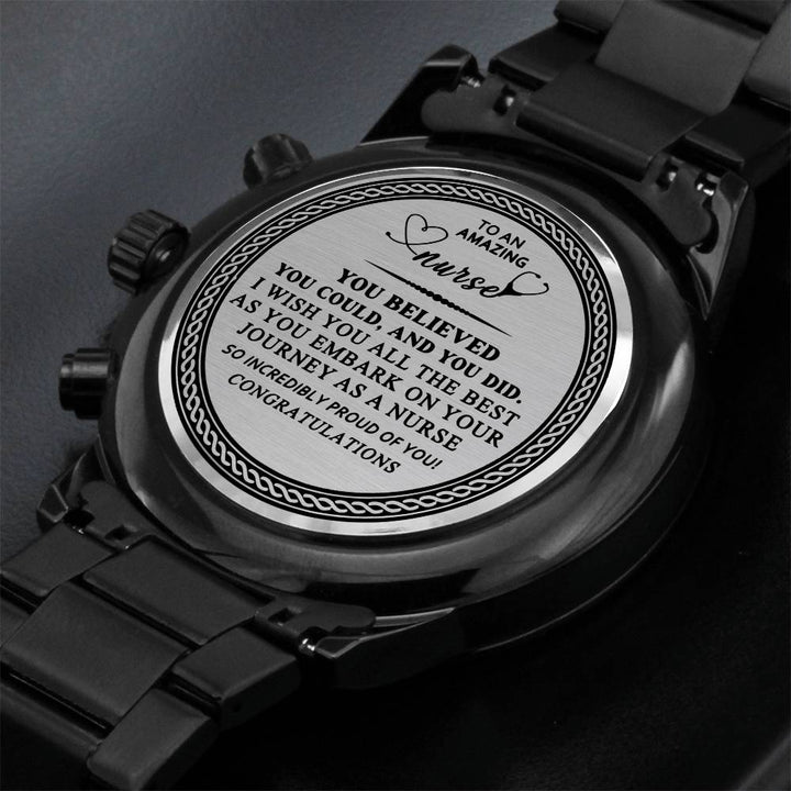 Black Chronograph Watch with Nurse Engraving