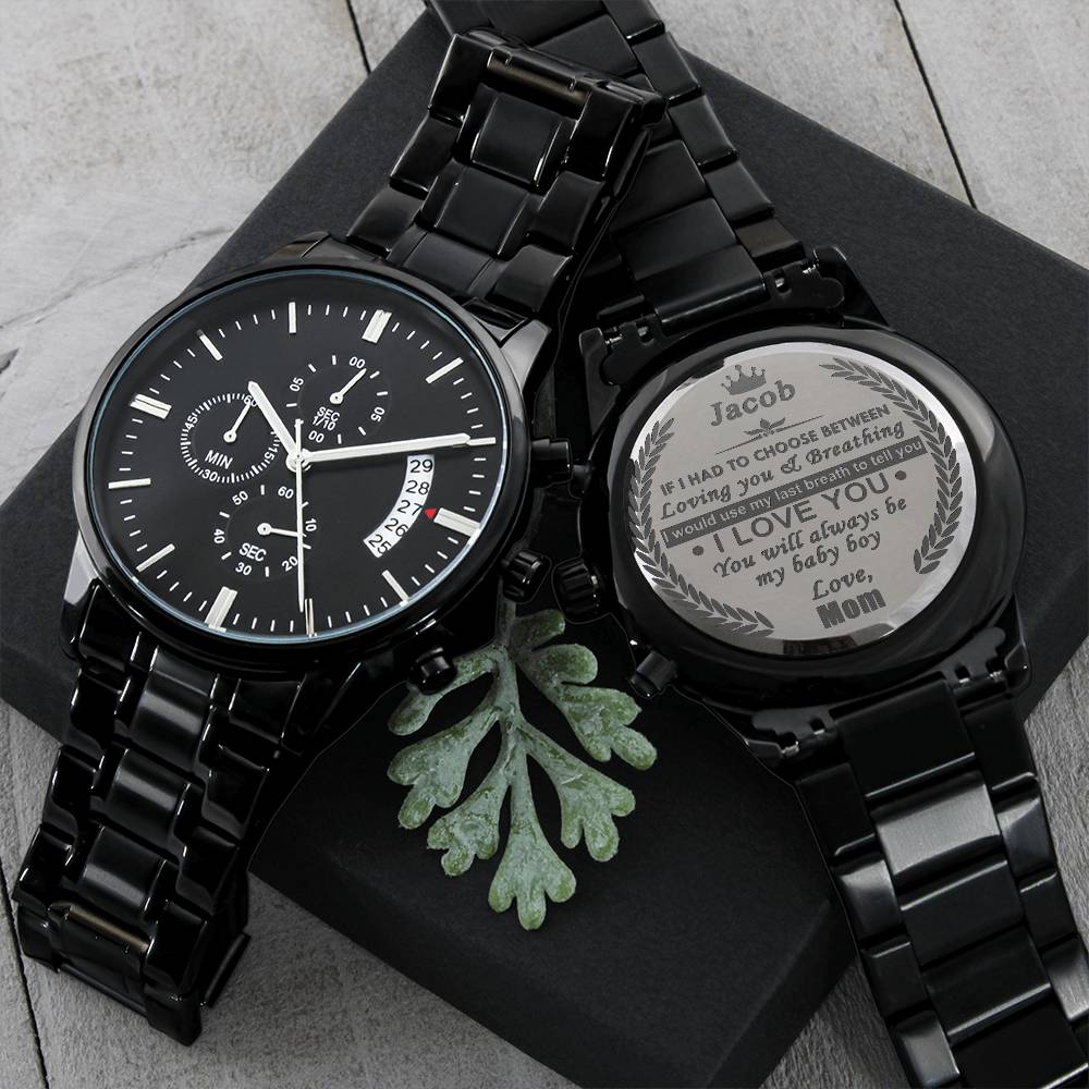 Personalized Engraved Black Chronograph Watch Gift