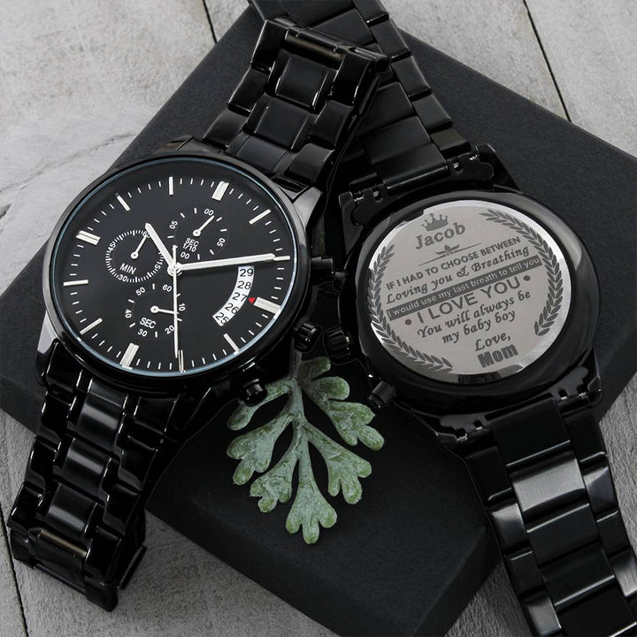 Personalized Engraved Black Chronograph Watch Gift