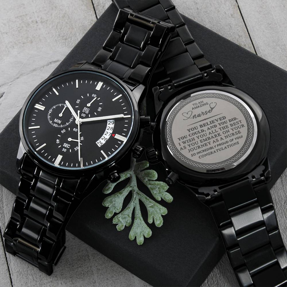 Black Chronograph Watch with Nurse Engraving