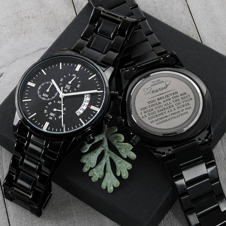 Black Chronograph Watch with Nurse Engraving