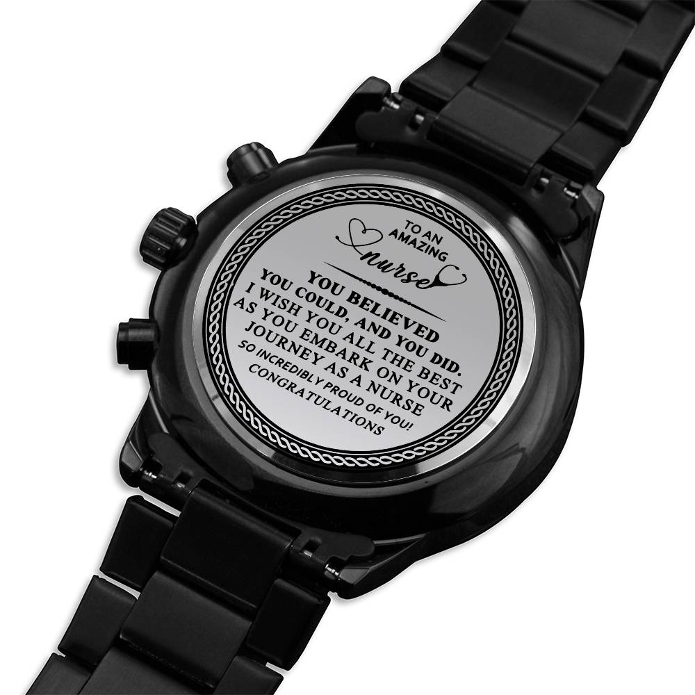Black Chronograph Watch with Nurse Engraving