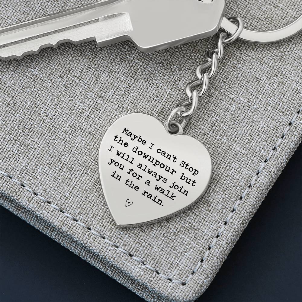 Heart-Shaped Engraved Keychain with Rain Quote