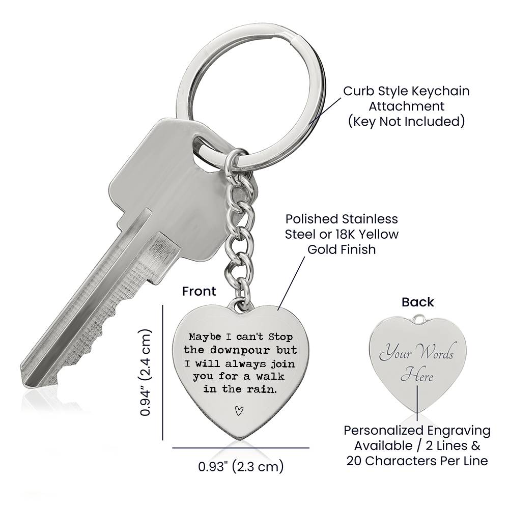 Heart-Shaped Engraved Keychain with Rain Quote