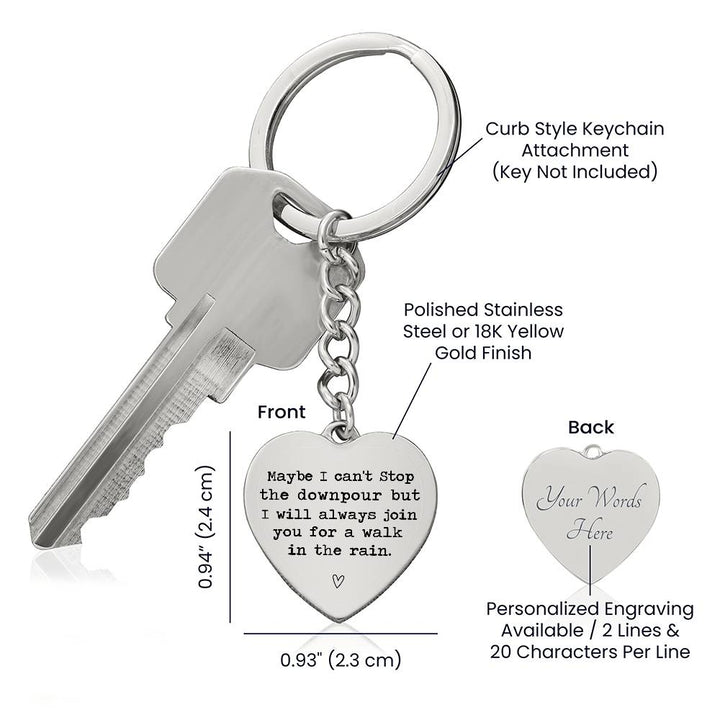 Heart-Shaped Engraved Keychain with Rain Quote