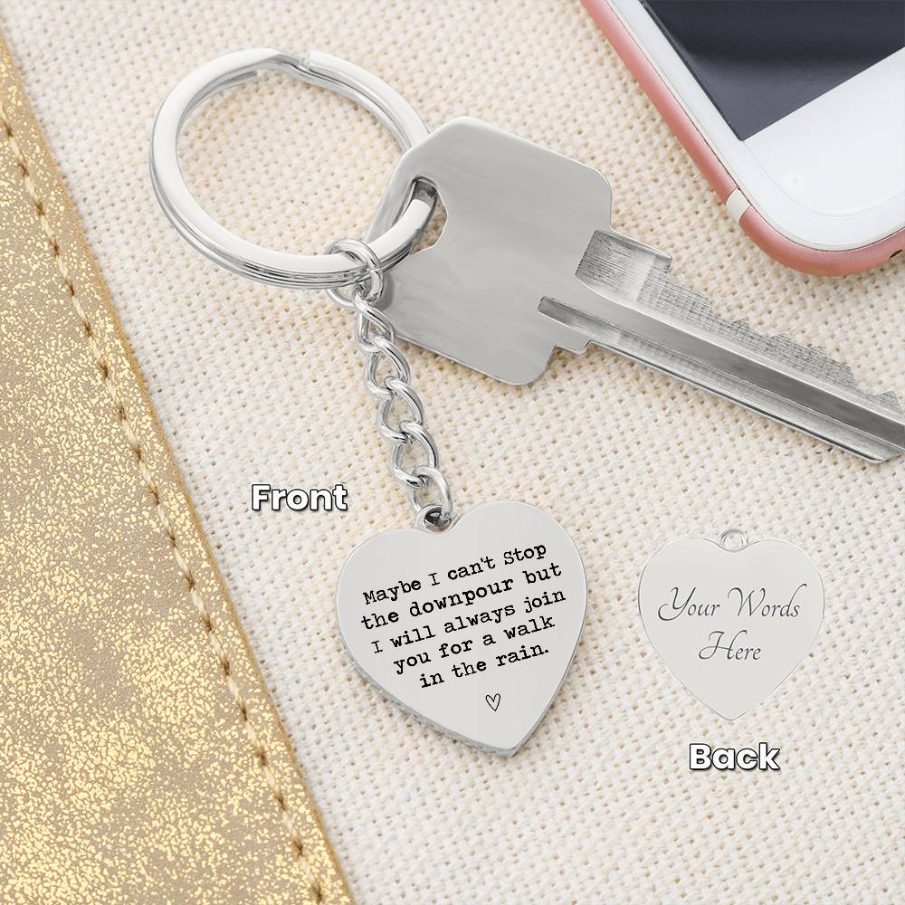Heart-Shaped Engraved Keychain with Rain Quote