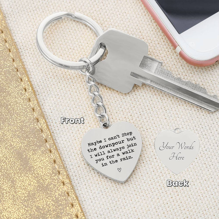 Heart-Shaped Engraved Keychain with Rain Quote