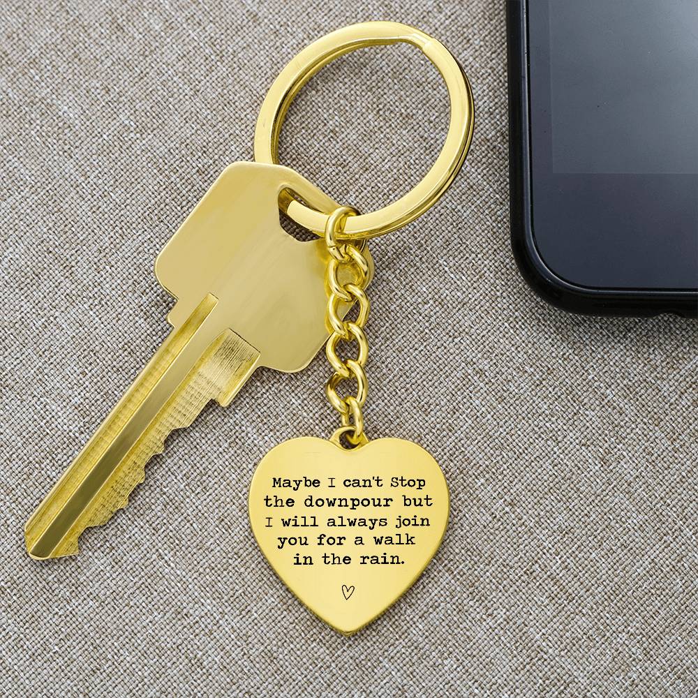 Heart-Shaped Engraved Keychain with Rain Quote