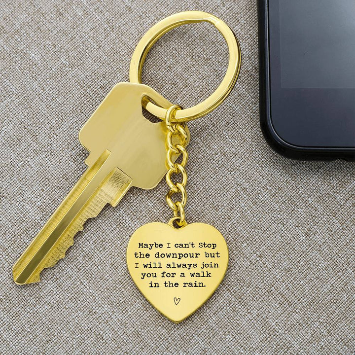 Heart-Shaped Engraved Keychain with Rain Quote