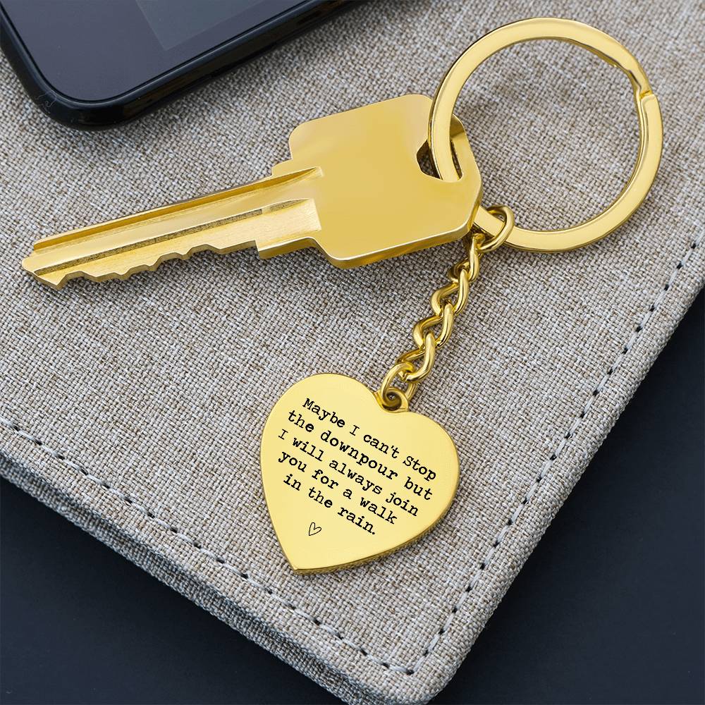 Heart-Shaped Engraved Keychain with Rain Quote