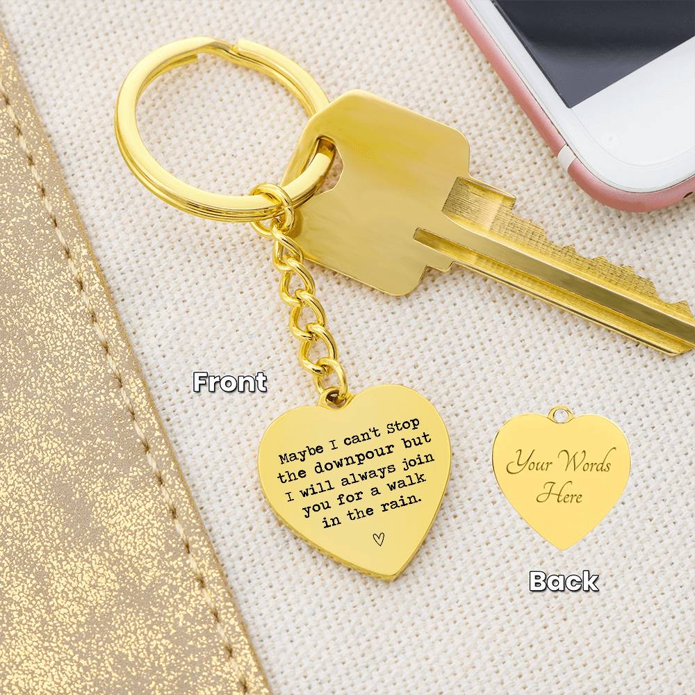 Heart-Shaped Engraved Keychain with Rain Quote