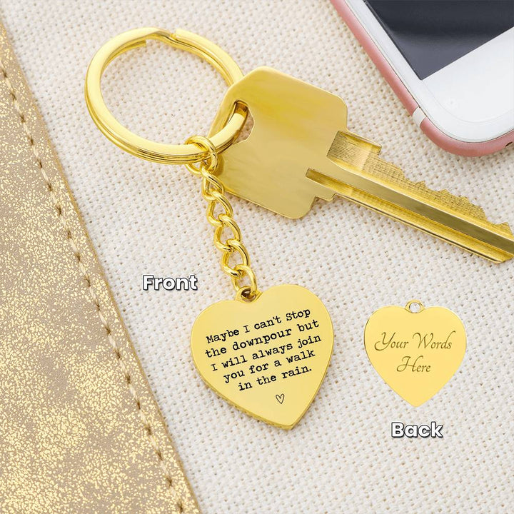 Heart-Shaped Engraved Keychain with Rain Quote