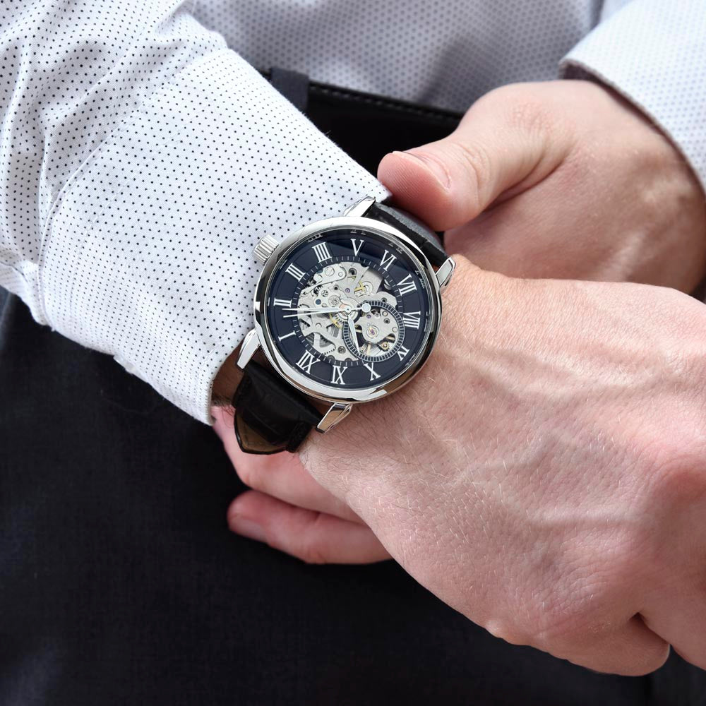 Skeleton Dial Leather Watch Gift for Dad