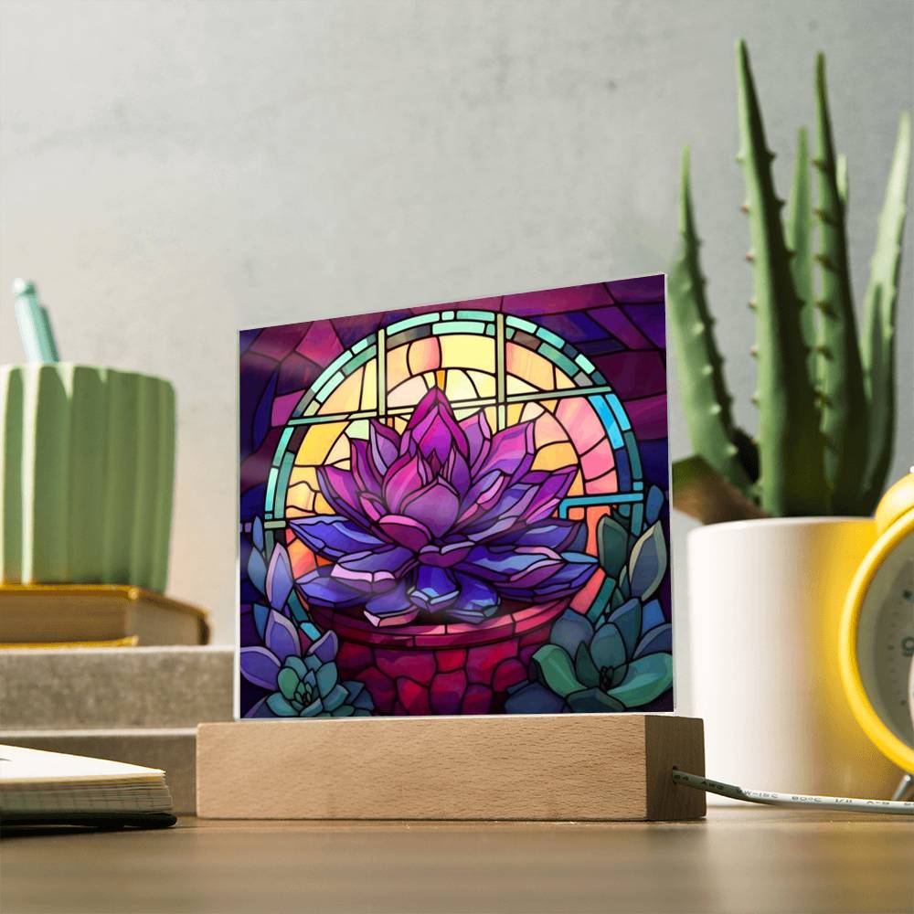 Purple Succulent Stained Glass LED Light