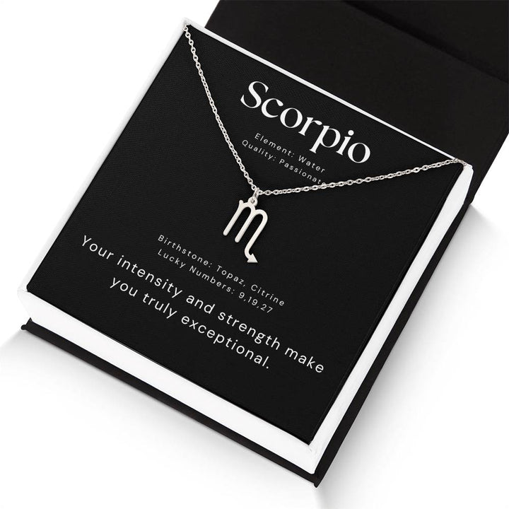 Silver Scorpio Zodiac Necklace with Strength Message