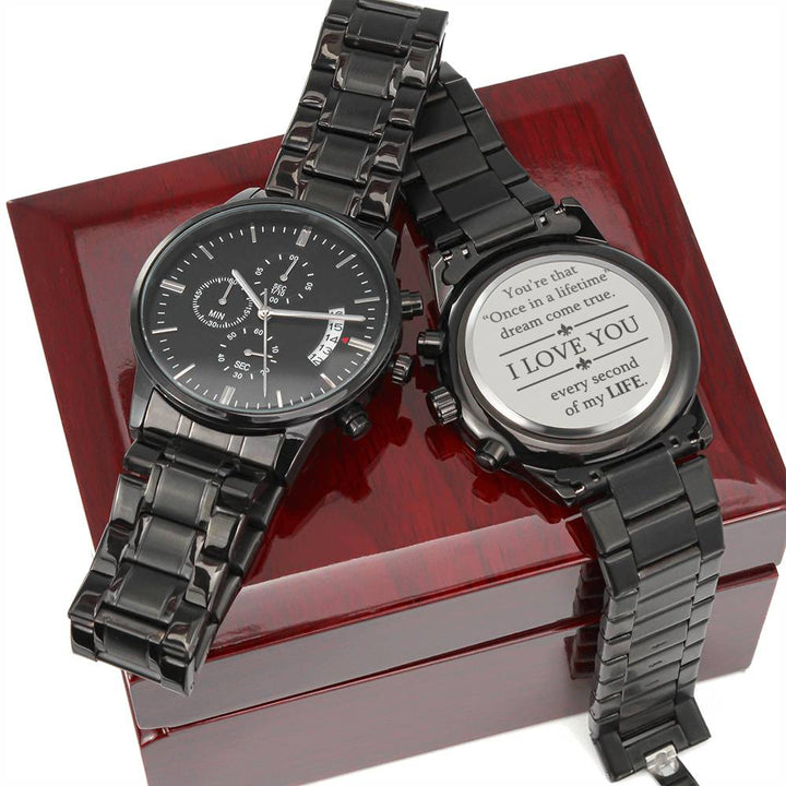 Black Engraved Watch Gift for Him