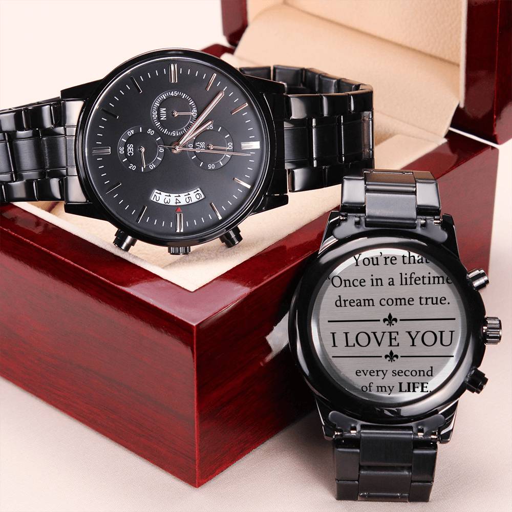 Black Engraved Watch Gift for Him