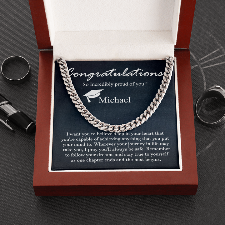 personalized cuban chain for his graduation